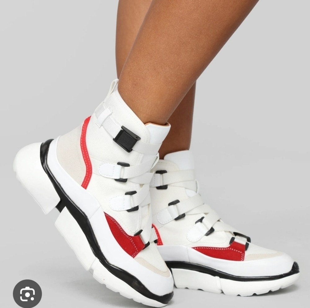 FASHION NOVA Stylish Women's White and Red Sneakers